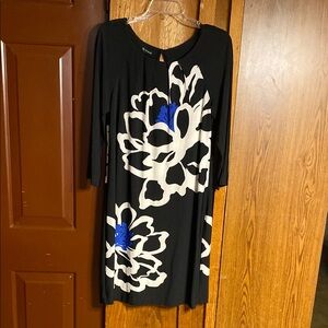 Black Dress with White and Blue Floral Design